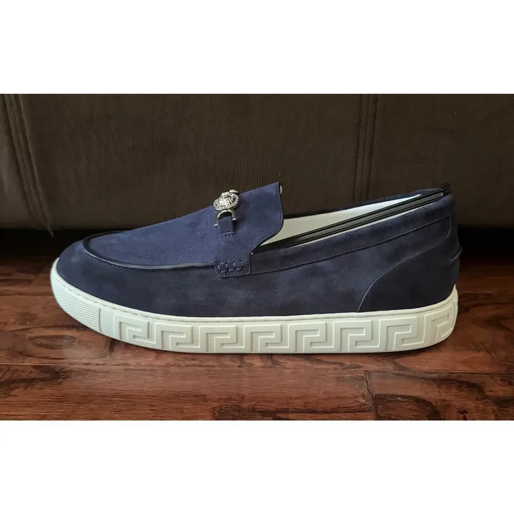 $925 NIB Versace Medusa 95 Greca Suede Loafers Navy Men's EU 46 US 13